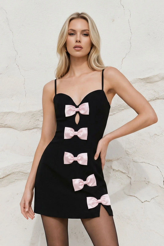 Black Spaghetti Strap Pink Bow Detail Sweetheart Neck Keyhole Mini Homecoming Dress