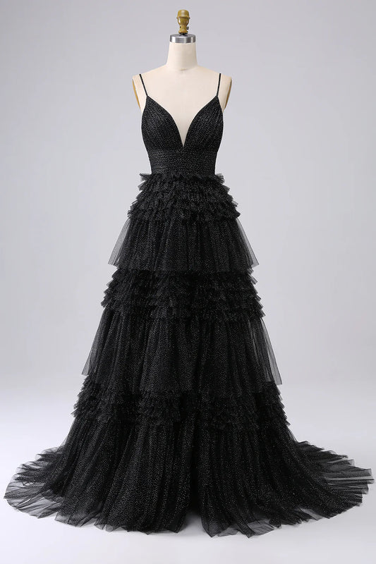 Black Spaghetti Strap V-Neck Tiered Ruffle Glitter Tulle Maxi Prom Dress
