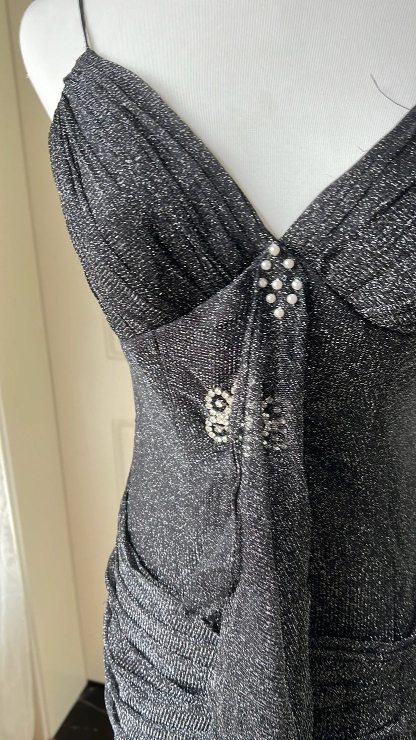 Black Sparkle Spaghetti Strap V-Neck Ruffled Mermaid Floor Length Prom Dress