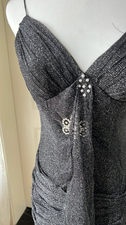 Black Sparkle Spaghetti Strap V-Neck Ruffled Mermaid Floor Length Prom Dress