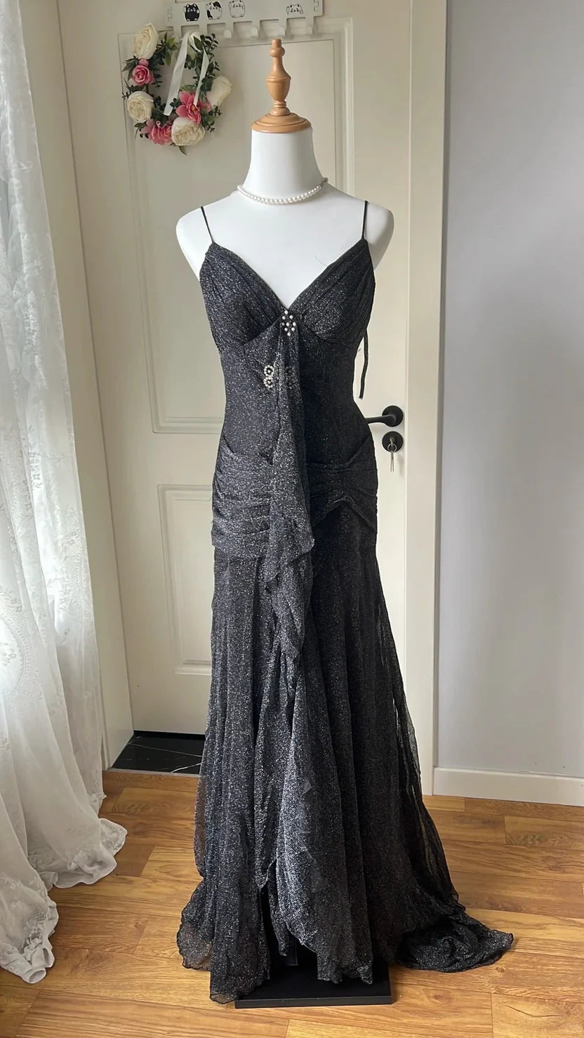 Black Sparkle Spaghetti Strap V-Neck Ruffled Mermaid Floor Length Prom Dress