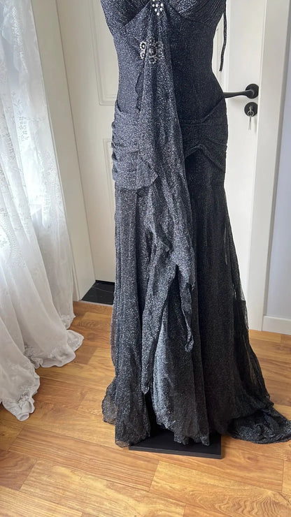 Black Sparkle Spaghetti Strap V-Neck Ruffled Mermaid Floor Length Prom Dress