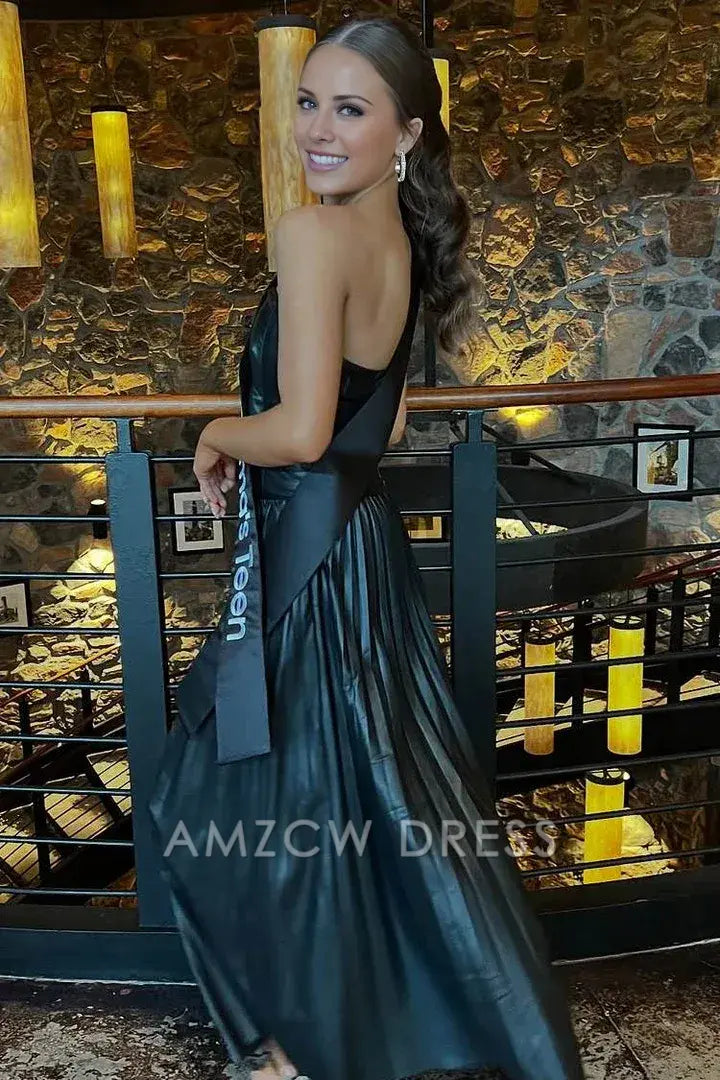 Vestido de fiesta largo plisado con escote redondo y corte A sin tirantes negro de Amzcw