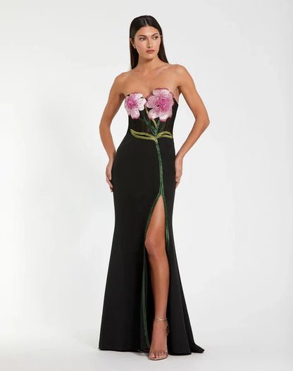 Black Strapless Floral Beaded Mermaid Floor Length Formal Evening Prom Dress