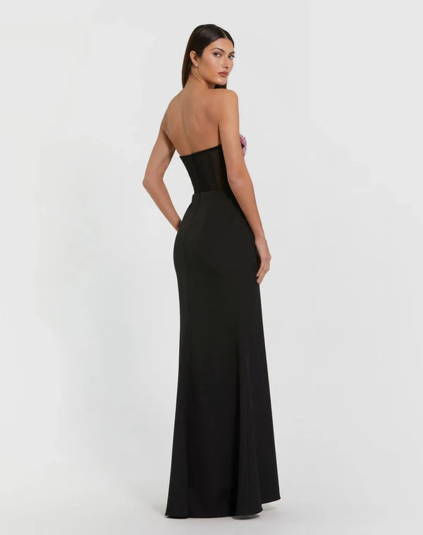 Black Strapless Floral Beaded Mermaid Floor Length Formal Evening Prom Dress