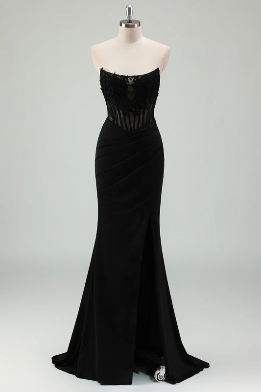 Black Strapless Lace Applique Corset Back Mermaid Prom Dress with Slit
