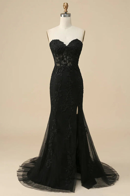 Black Strapless Lace Applique Corset Mermaid Maxi Prom Dress with Slit and Lace-Up Back