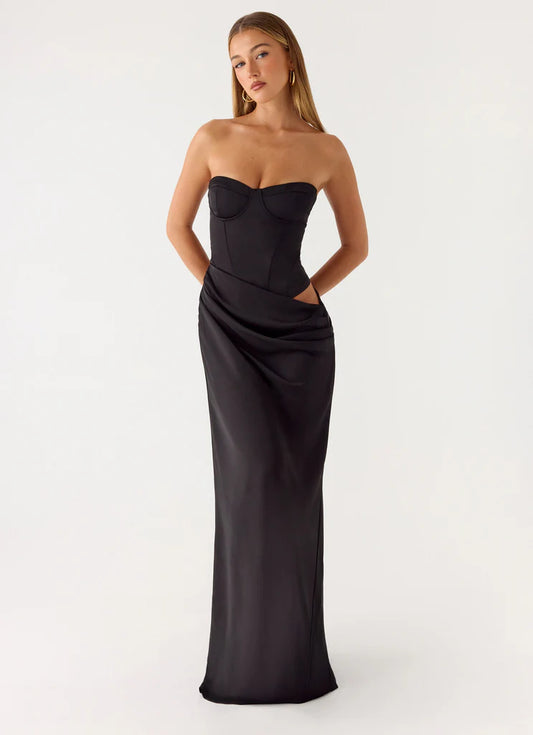 Black Strapless Satin Corset Back Lace Up Maxi Prom Dress For Elegant Formal Party Events