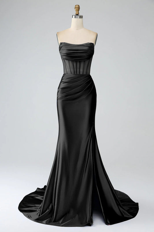 Black Strapless Satin Corset Mermaid Maxi Prom Dress with Slit and Train