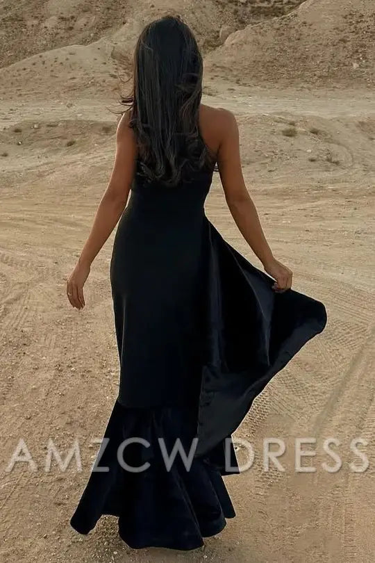 Amzcw Simple Black Strapless Scoop Neck Mermaid Sleeveless Formal Prom Dress