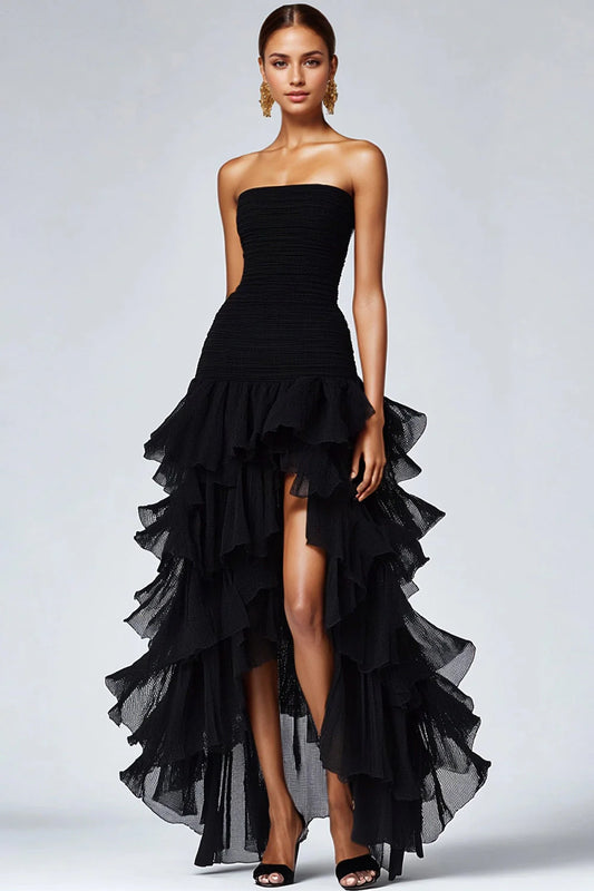 Black Strapless Smocked Bodice Tiered Ruffle High-Low Maxi Prom Dress with Slit