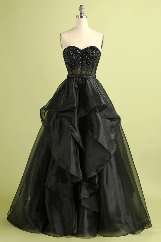 Black Strapless Sweetheart Neck Beaded Corset Ruffled Organza Ball Gown Prom Dress