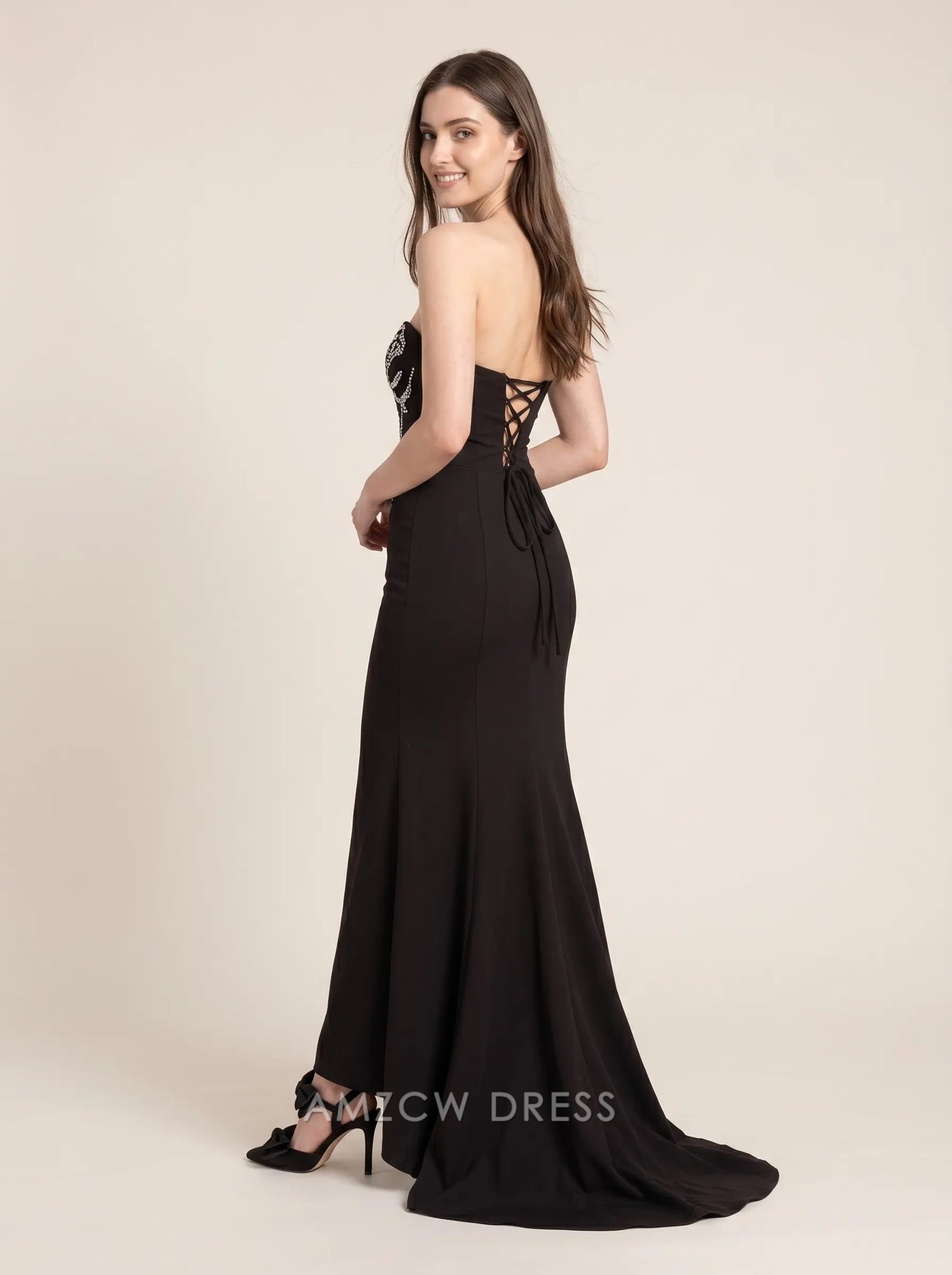 Black Strapless Sweetheart Neck Rhinestone Floral Embroidery Mermaid Floor Length Formal Evening Prom Dress