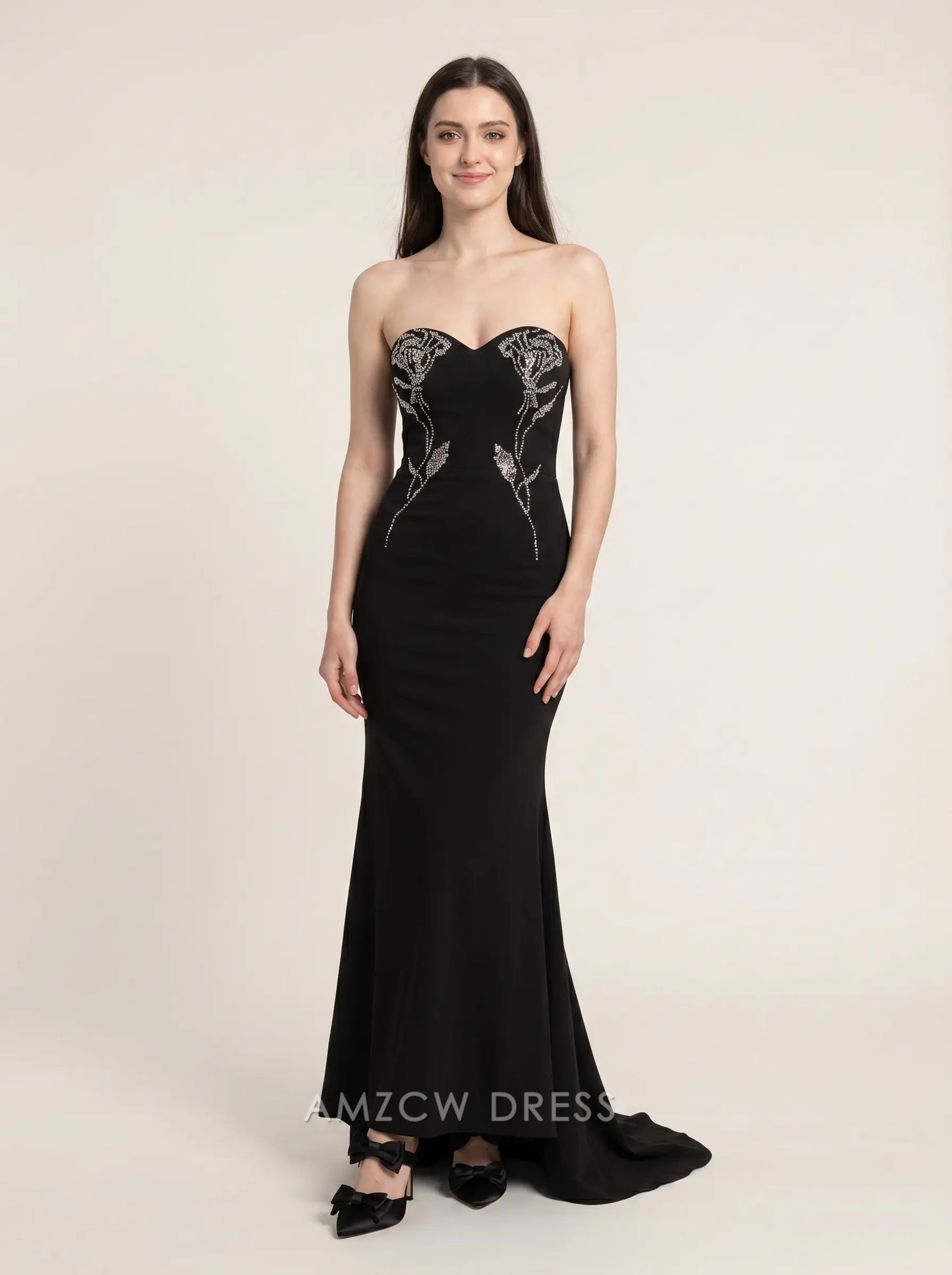 Black Strapless Sweetheart Neck Rhinestone Floral Embroidery Mermaid Floor Length Formal Evening Prom Dress