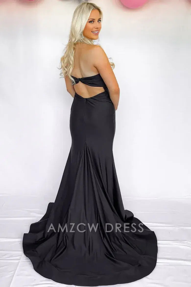 Vestido de fiesta de sirena plisado con escote corazón, sin tirantes y lazo, color negro, de Amzcw