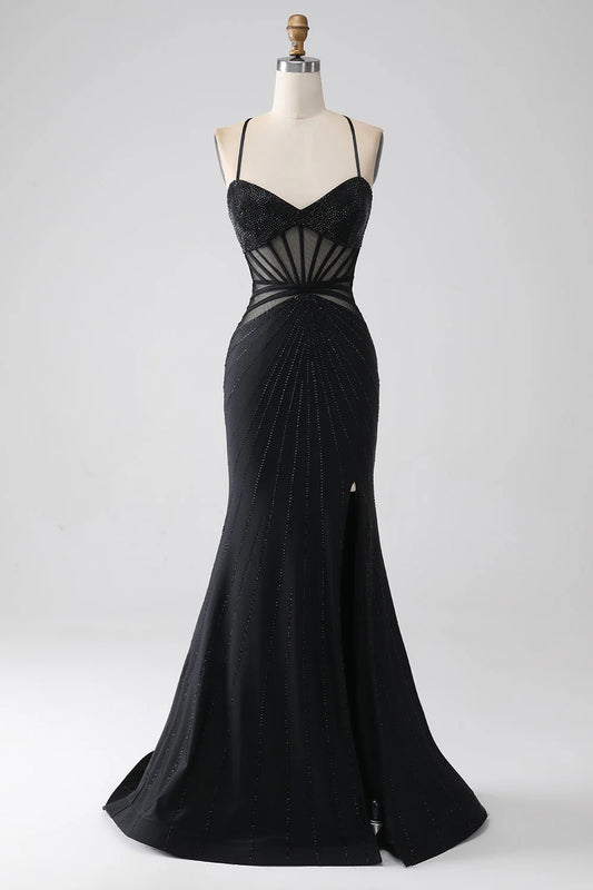 Black Strappy Beaded Sheer Corset Mermaid Maxi Prom Dress with Slit and Lace-Up Back