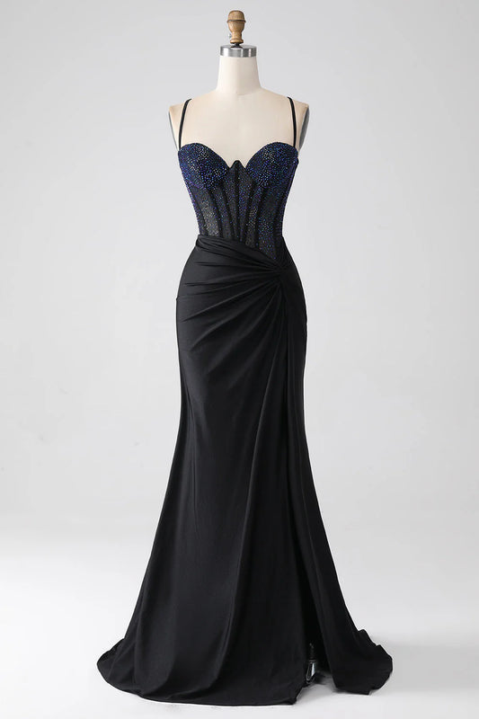 Black Strappy Rhinestone Corset Ruched Mermaid Maxi Prom Dress with Lace-Up Back