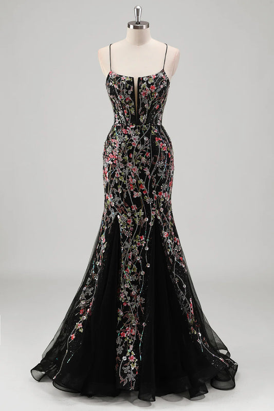 Black Tulle Spaghetti Strap 3D Floral Applique Lace-Up Back Mermaid Prom Dress