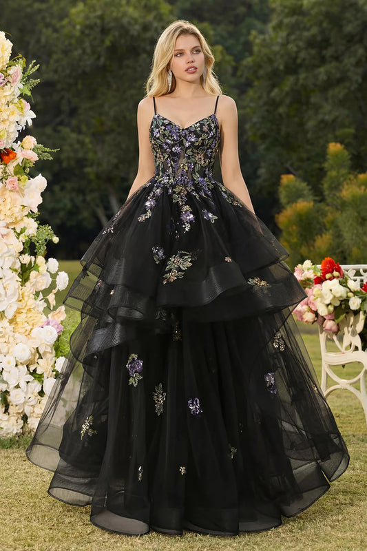 Black Tulle Spaghetti Strap Ball Gown Prom Dress with Purple Floral Embroidery, Layered Ruffle Skirt and Lace-Up Back