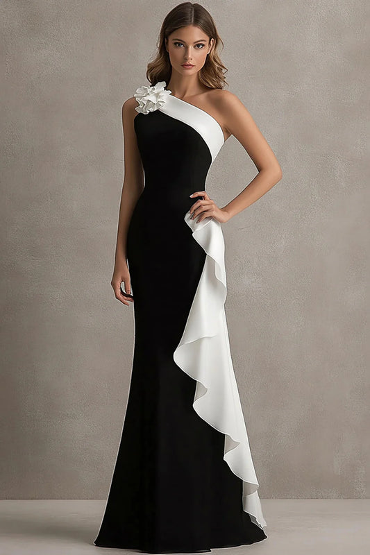 Black White One-Shoulder Ruffle Mermaid Maxi Prom Dress Formal Evening Gown