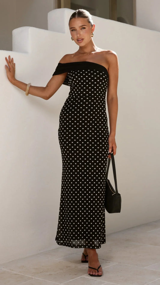 Black White Polka Dot Off The Shoulder Midi Prom Dress for Formal Events and Prom Nights