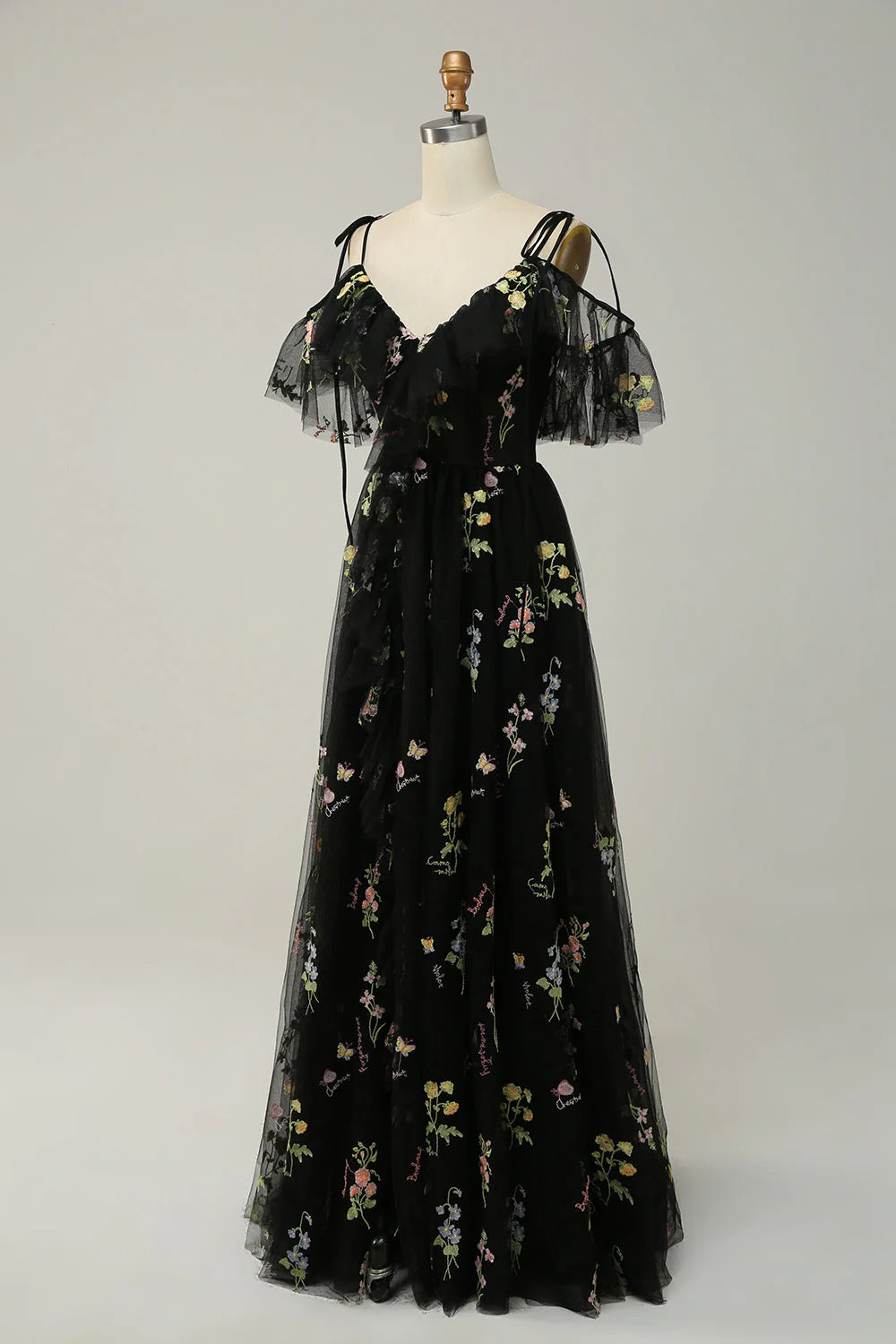 Amzcw Black A-Line Spaghetti Straps Embroidered Tulle Long Prom Dress with Slit