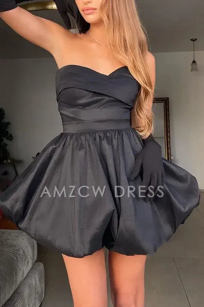 Amzcw Elegant Black satin A-line sweetheart strapless lace up Homecoming dress formal wear dresses