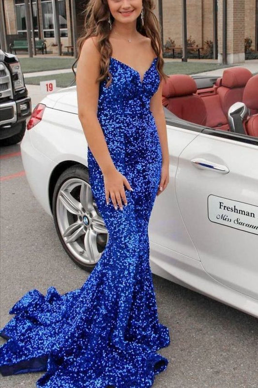 Blue Deep V-Neck Open Back Mermaid Sequins Backless Prom Dresses