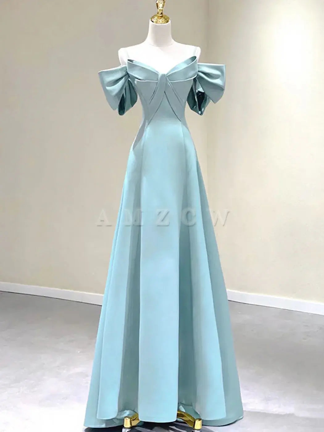 Amzcw Blue A-Line Satin Long Prom Dresses Blue Satin Long Formal Dresses prom dress in store ﻿