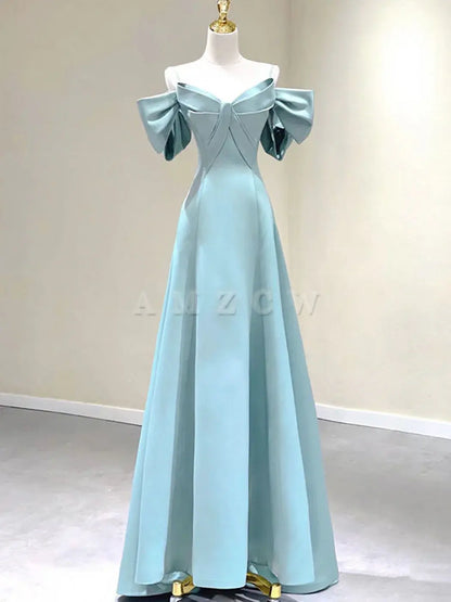 Amzcw Blue A-Line Satin Long Prom Dresses Blue Satin Long Formal Dresses prom dress in store ﻿