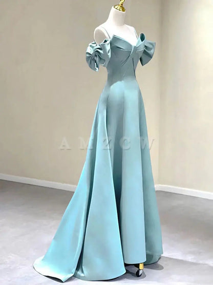 Amzcw Blue A-Line Satin Long Prom Dresses Blue Satin Long Formal Dresses prom dress in store ﻿