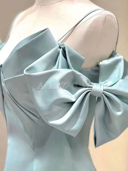 Amzcw Blue A-Line Satin Long Prom Dresses Blue Satin Long Formal Dresses prom dress in store ﻿
