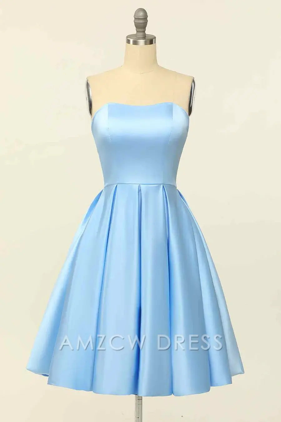 Amzcw Elegant Blue A-line Strapless Satin Mini Homecoming Dress formal wear dresses
