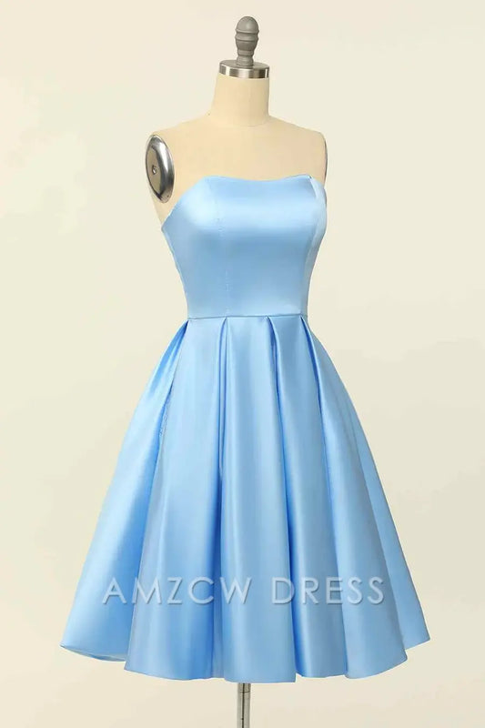Amzcw Elegant Blue A-line Strapless Satin Mini Homecoming Dress formal wear dresses