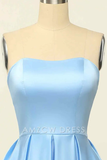 Amzcw Elegant Blue A-line Strapless Satin Mini Homecoming Dress formal wear dresses