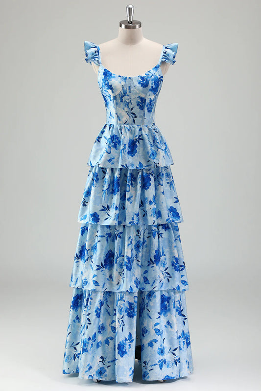 Blue Floral Print Ruffle Strap Tiered A-Line Prom Dress with Peplum