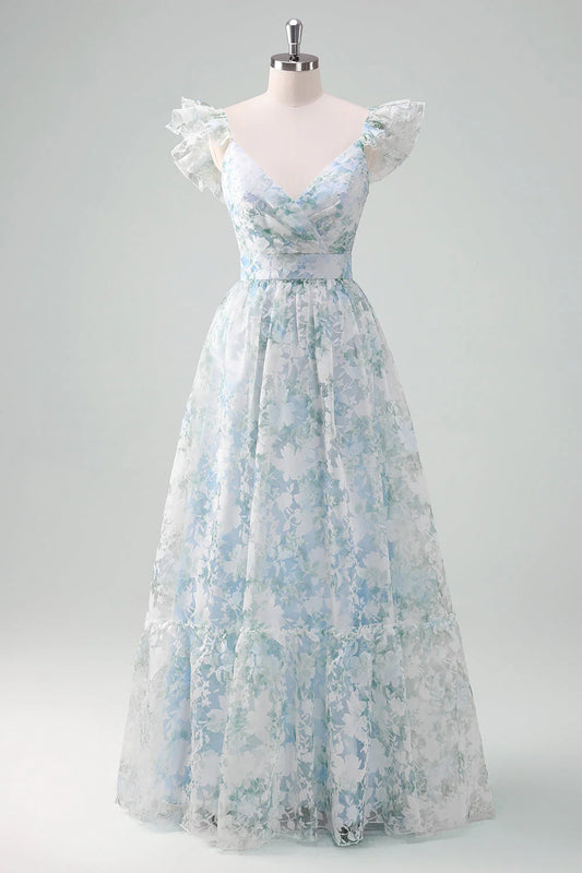 Blue Green Floral Print V-Neck Ruffle Sleeve A-Line Maxi Prom Dress with Tiered Hem