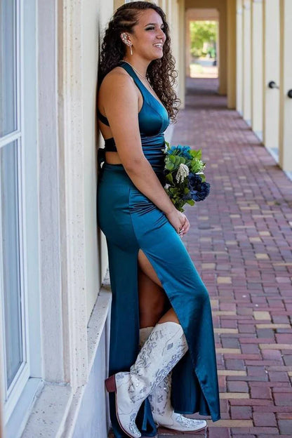 Amzcw Simple Blue Halter High Slit Tight Long Dress with Lace-Up