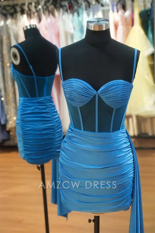Amzcw Elegant Blue Spaghetti Straps Ruched Bodycon Homecoming Dress formal wear dresses