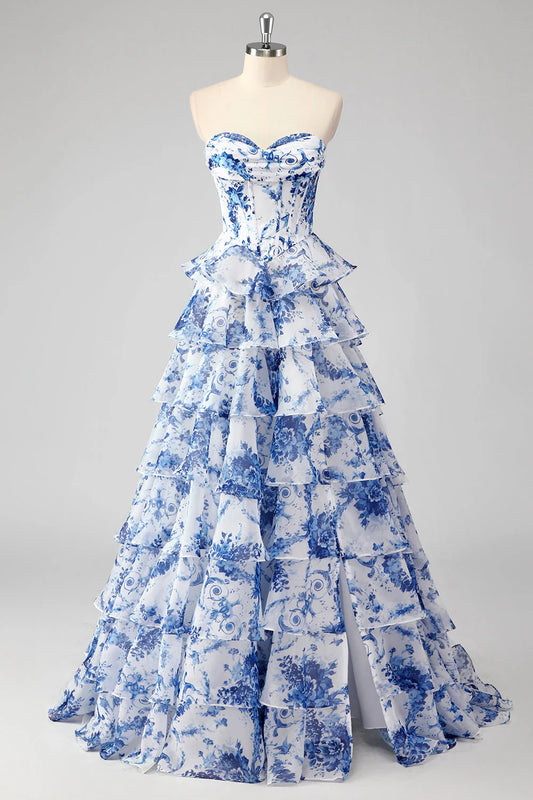 Blue and White Strapless Corset Tiered Ruffle Maxi Prom Dress with Floral Print