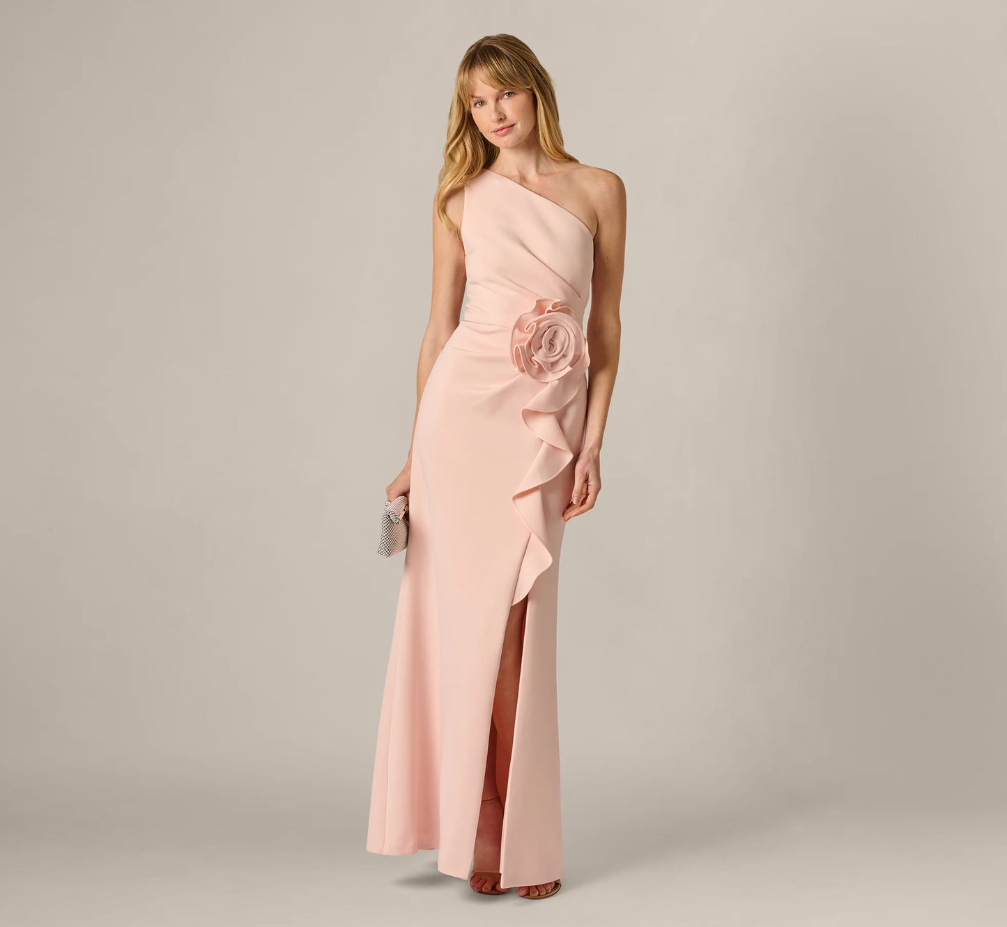 Blush Maxi Evening Dresses with One Shoulder Neckline 3D Floral Applique Ruffle Side Slit and Mermaid Silhouette