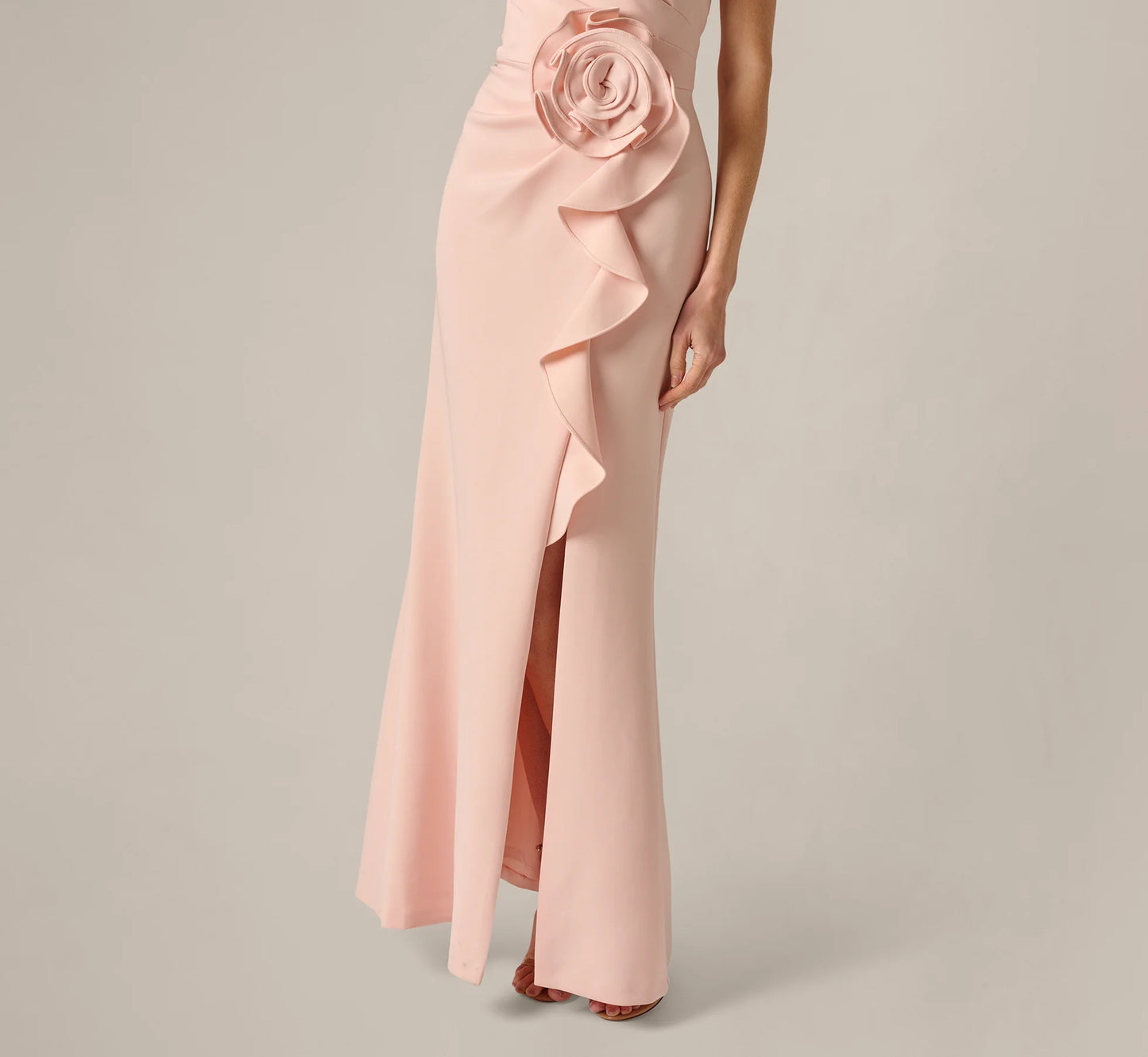 Blush Maxi Evening Dresses with One Shoulder Neckline 3D Floral Applique Ruffle Side Slit and Mermaid Silhouette