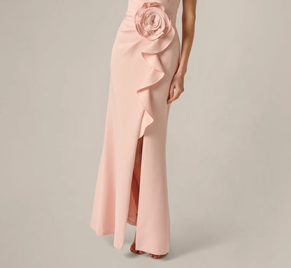 Blush Maxi Evening Dresses with One Shoulder Neckline 3D Floral Applique Ruffle Side Slit and Mermaid Silhouette
