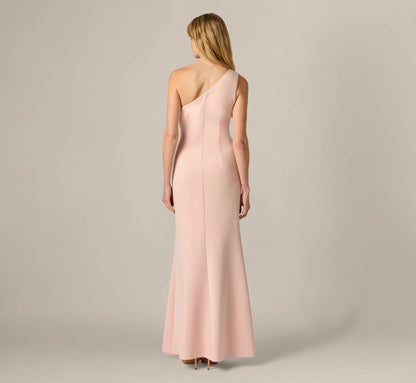 Blush Maxi Evening Dresses with One Shoulder Neckline 3D Floral Applique Ruffle Side Slit and Mermaid Silhouette