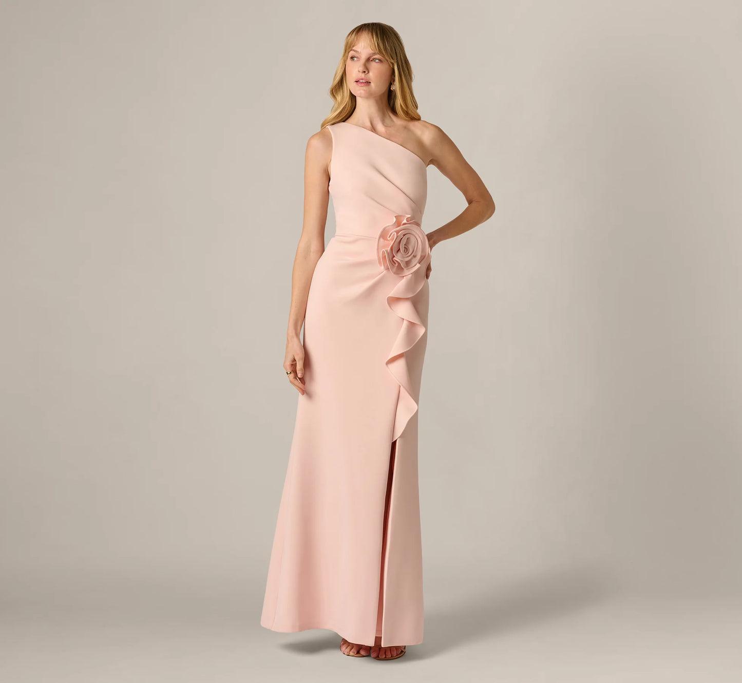Blush Maxi Evening Dresses with One Shoulder Neckline 3D Floral Applique Ruffle Side Slit and Mermaid Silhouette