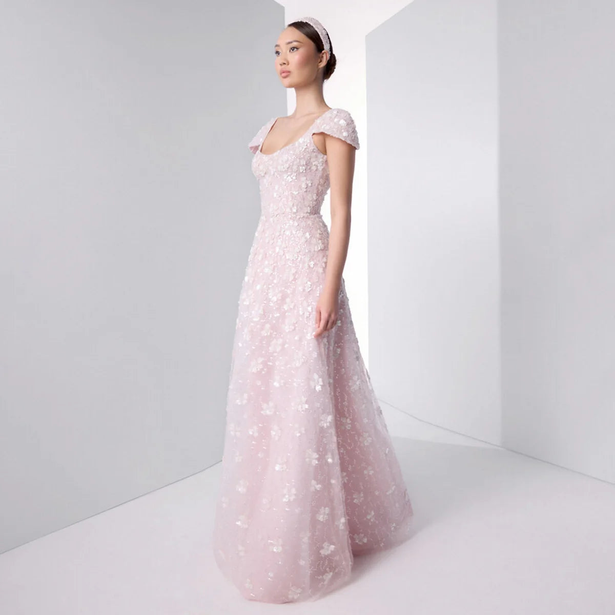 Blush Maxi Evening Dresses with Square Neck Cap Sleeves 3D Floral Beading Open Back and Trailing Tulle Skirt
