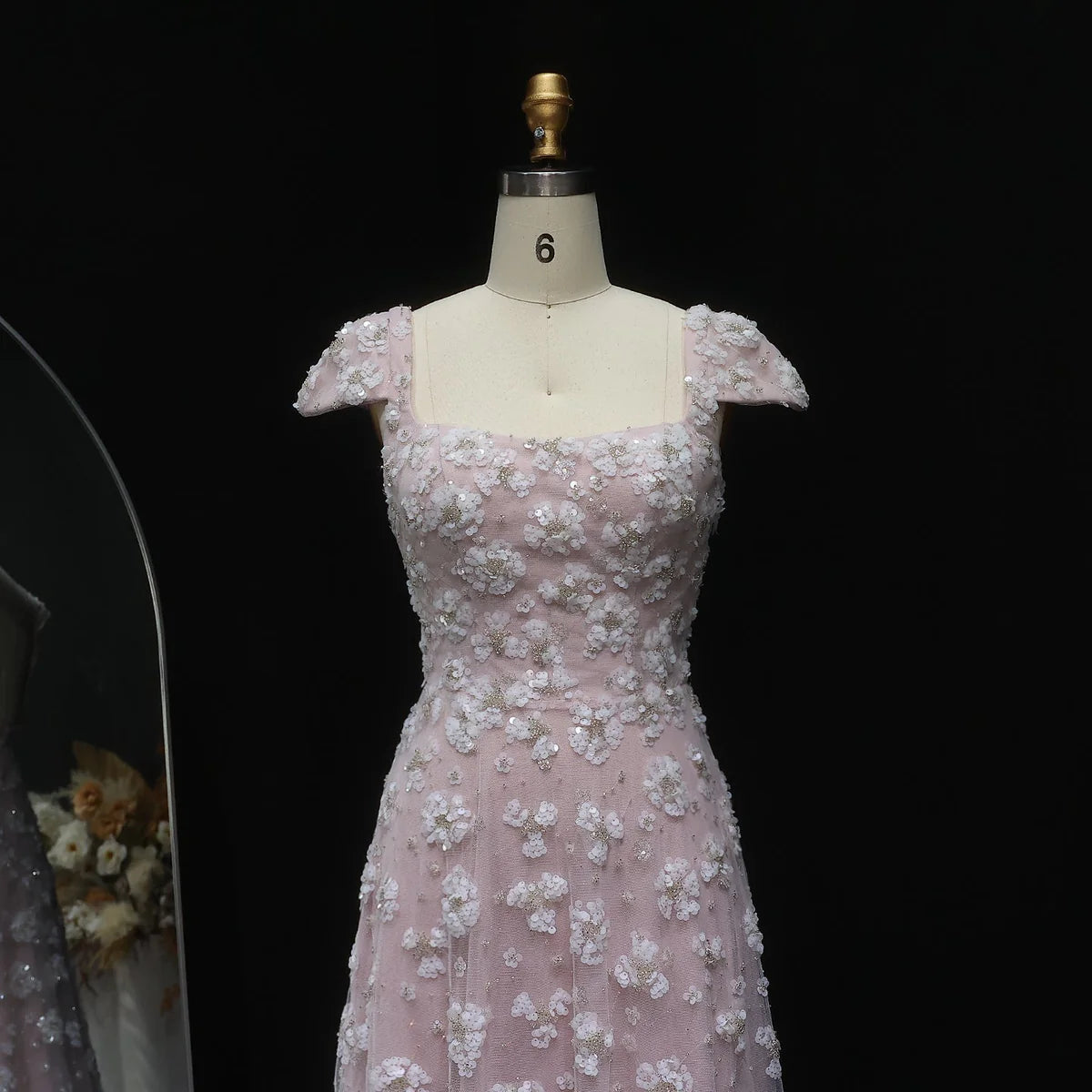 Blush Maxi Evening Dresses with Square Neck Cap Sleeves 3D Floral Beading Open Back and Trailing Tulle Skirt