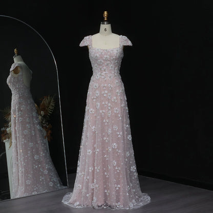 Blush Maxi Evening Dresses with Square Neck Cap Sleeves 3D Floral Beading Open Back and Trailing Tulle Skirt