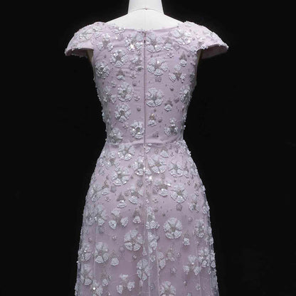 Blush Maxi Evening Dresses with Square Neck Cap Sleeves 3D Floral Beading Open Back and Trailing Tulle Skirt