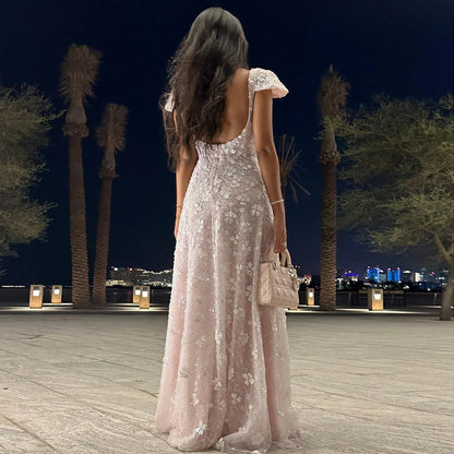 Blush Maxi Evening Dresses with Square Neck Cap Sleeves 3D Floral Beading Open Back and Trailing Tulle Skirt